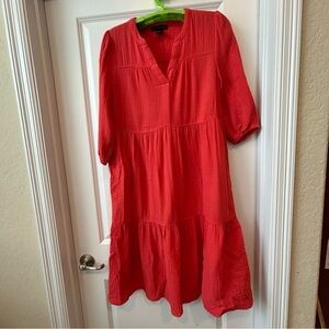 Joan Vass Coral V Neck Midi Dress Sz S 3/4 Sleeve Gathered Tiered Casual